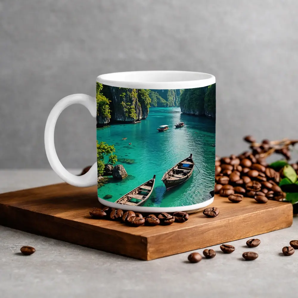 Turquoise Lagoon Boats Karst Cliffs Thailand – Mugs