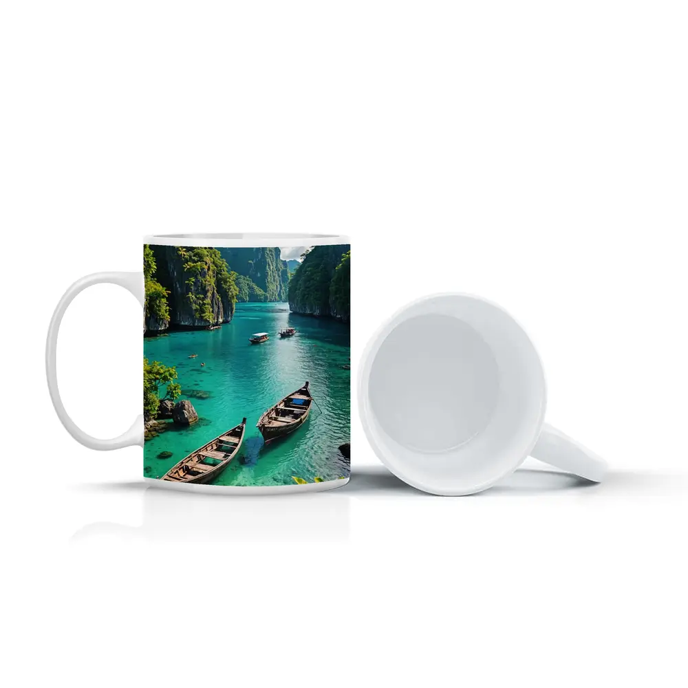 Turquoise Lagoon Boats Karst Cliffs Thailand – Mugs