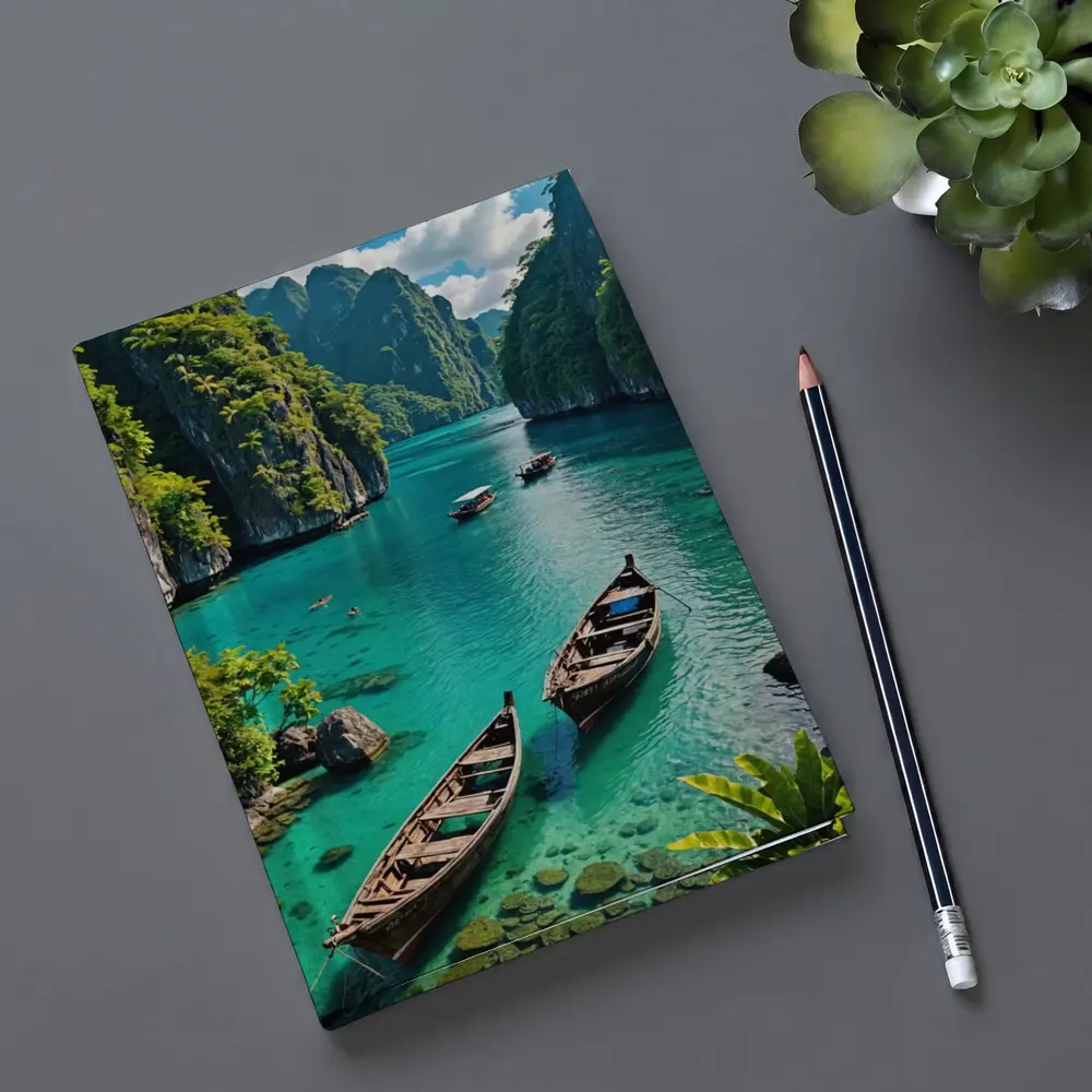 Turquoise Lagoon Boats Karst Cliffs Thailand – Notebooks