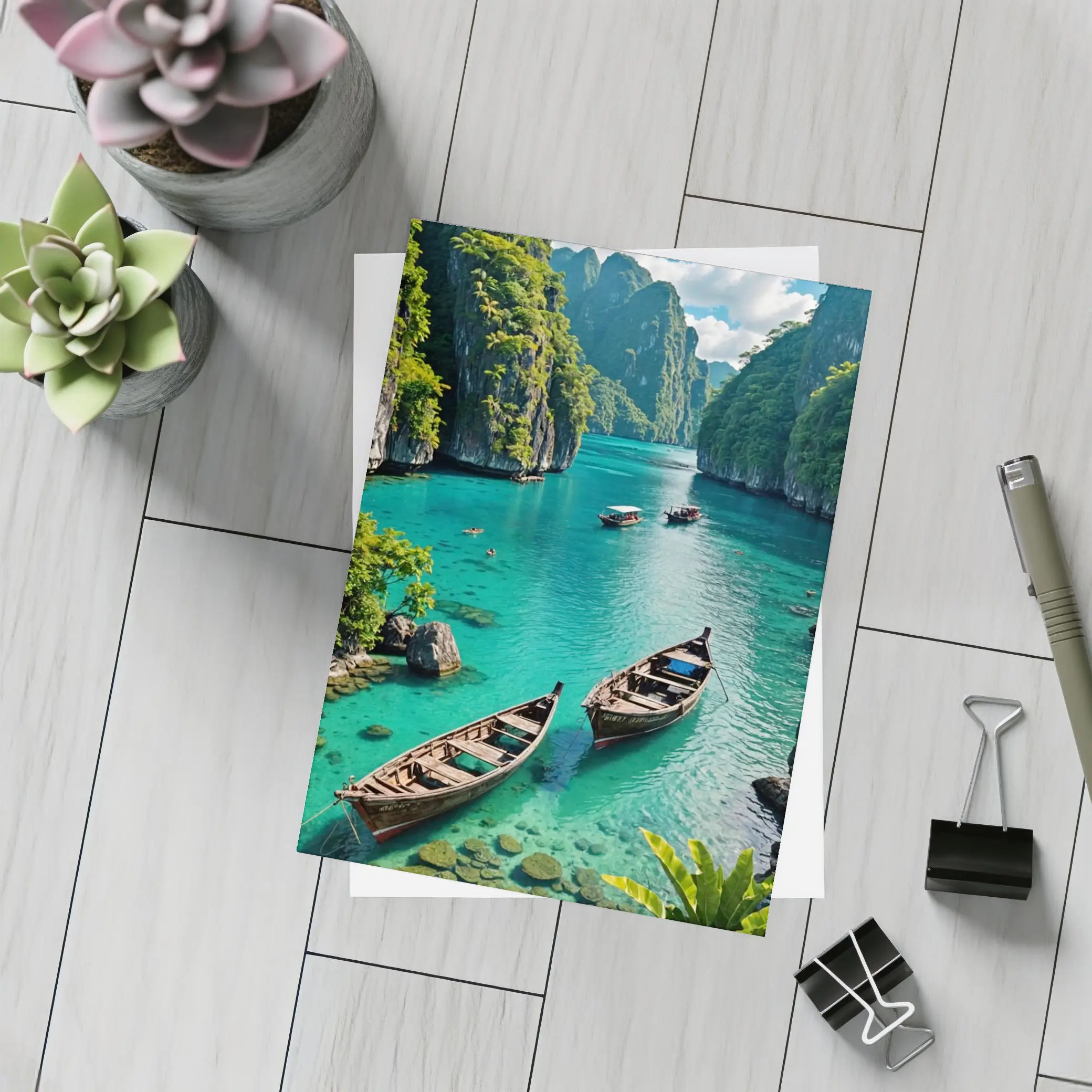 Turquoise Lagoon Boats Karst Cliffs Thailand – Postcards