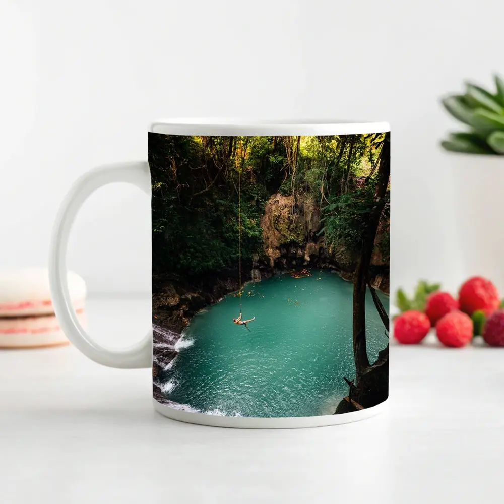 Rope Swing Over Turquoise Jungle Pool – Mugs