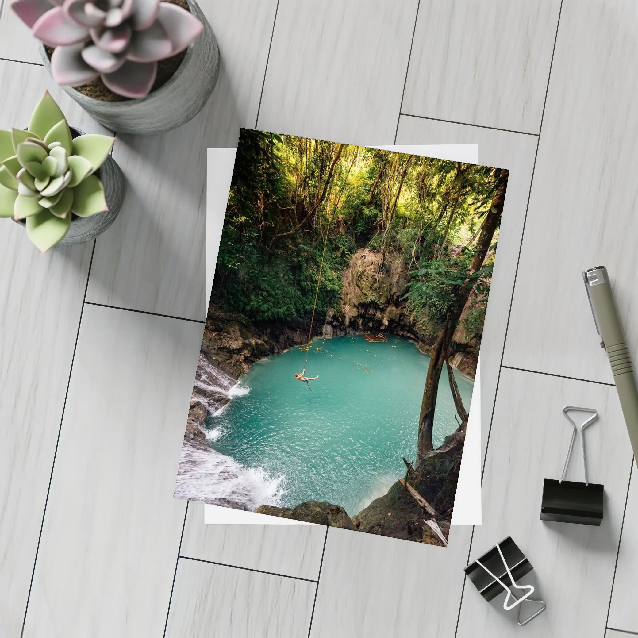 Rope Swing Over Turquoise Jungle Pool – Postcards