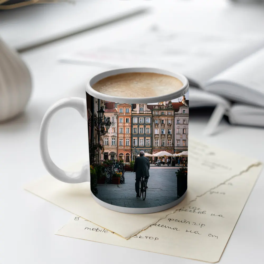Man With Bicycle Old Town Square Poland – Mugs