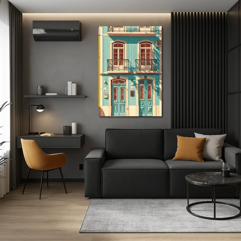 Teal Portuguese Building Facade Sunny Street – Wall Art