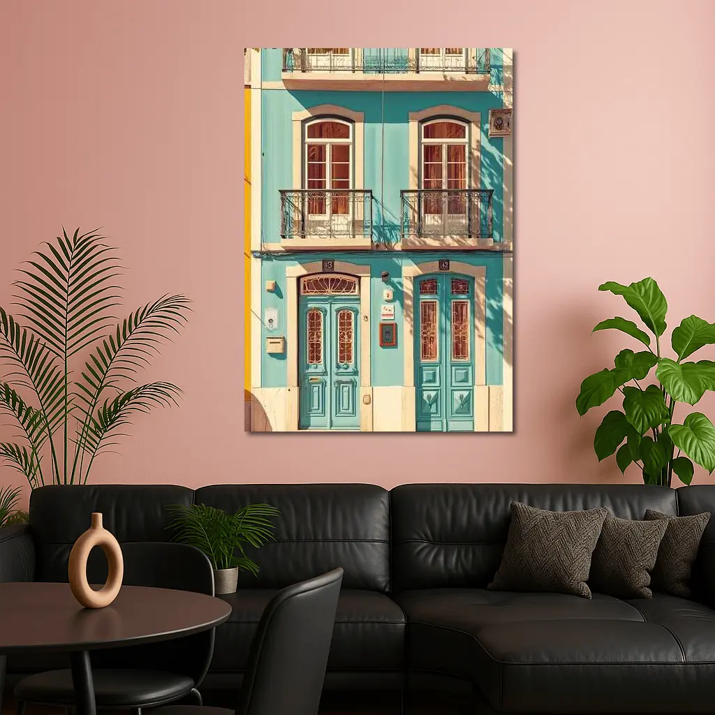 Teal Portuguese Building Facade Sunny Street – Wall Art