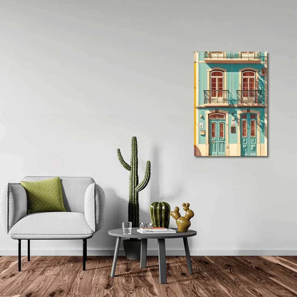 Teal Portuguese Building Facade Sunny Street – Wall Art