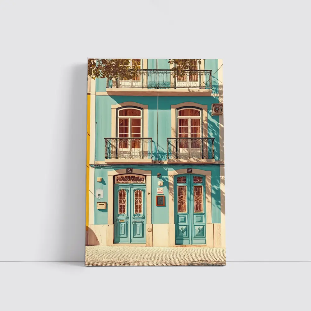 Teal Portuguese Building Facade Sunny Street – Wall Art