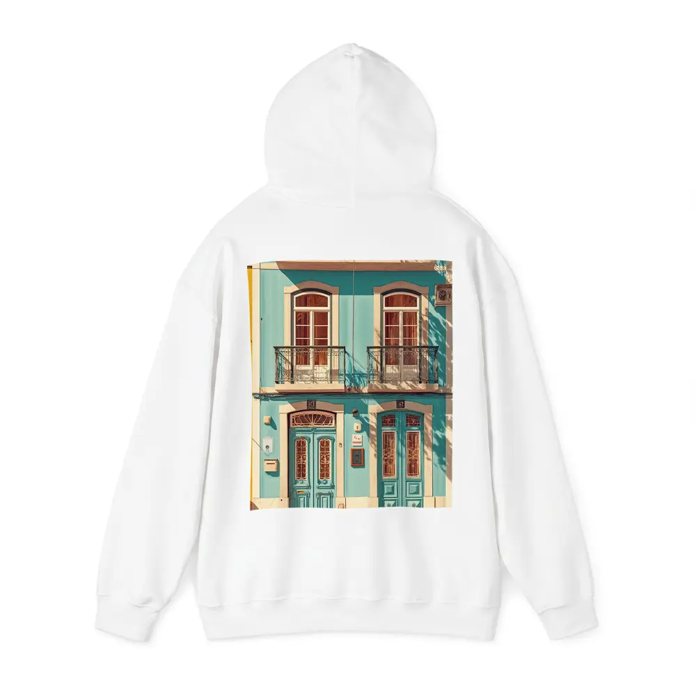 Teal Portuguese Building Facade Sunny Street – Hoodies