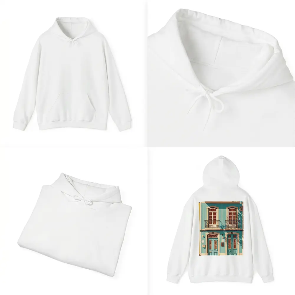 Teal Portuguese Building Facade Sunny Street – Hoodies