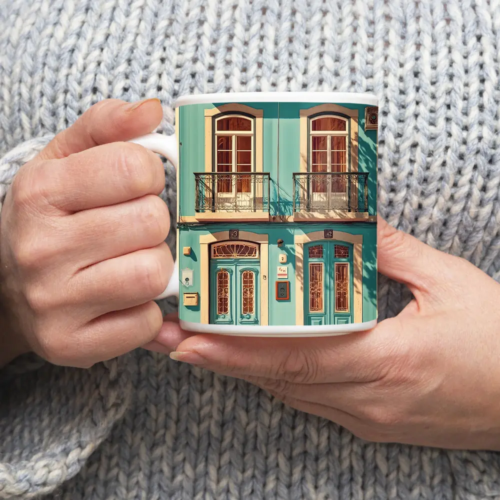 Teal Portuguese Building Facade Sunny Street – Mugs