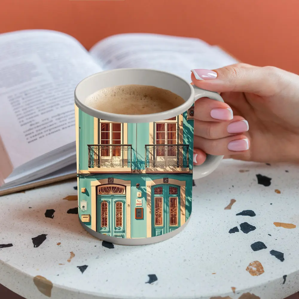Teal Portuguese Building Facade Sunny Street – Mugs