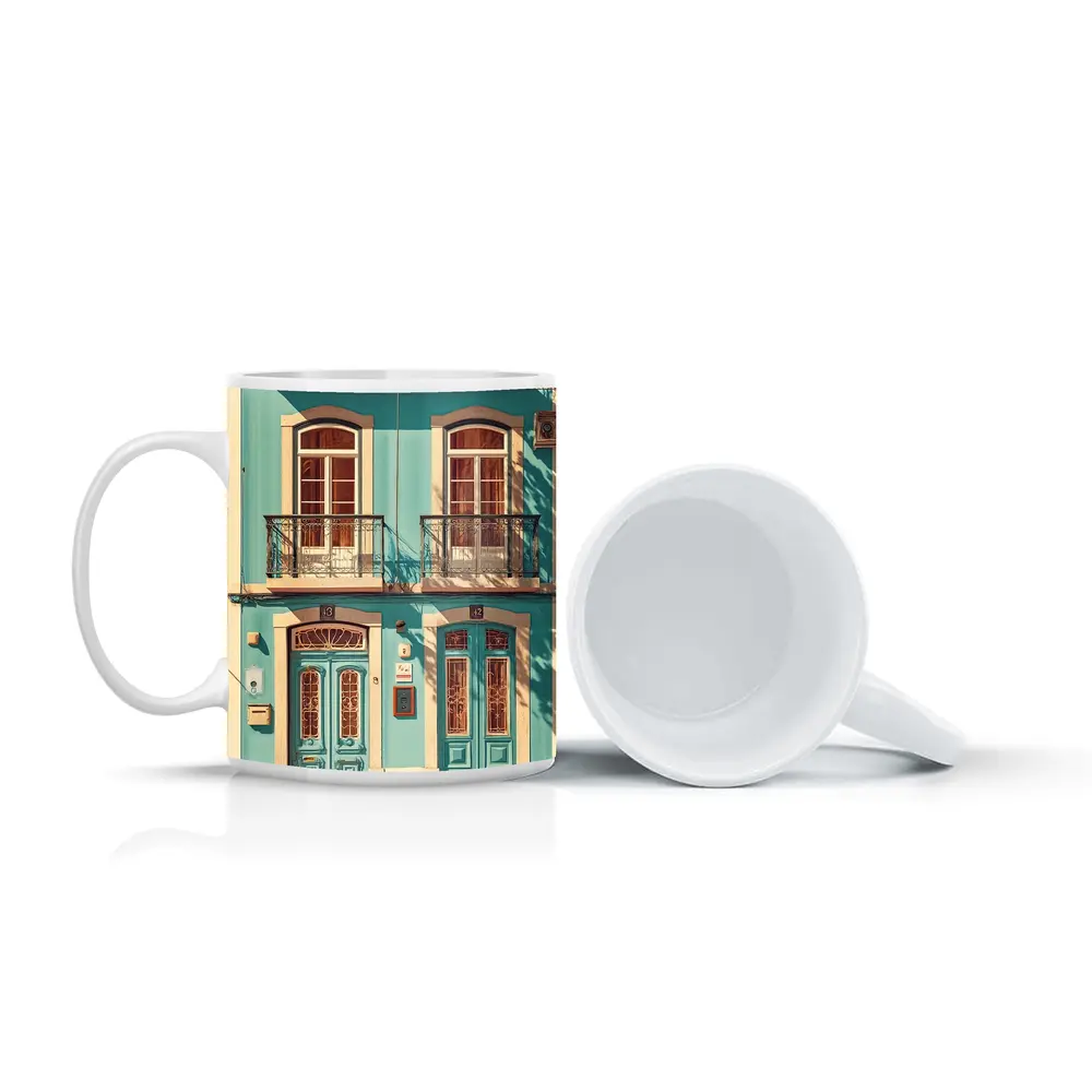 Teal Portuguese Building Facade Sunny Street – Mugs