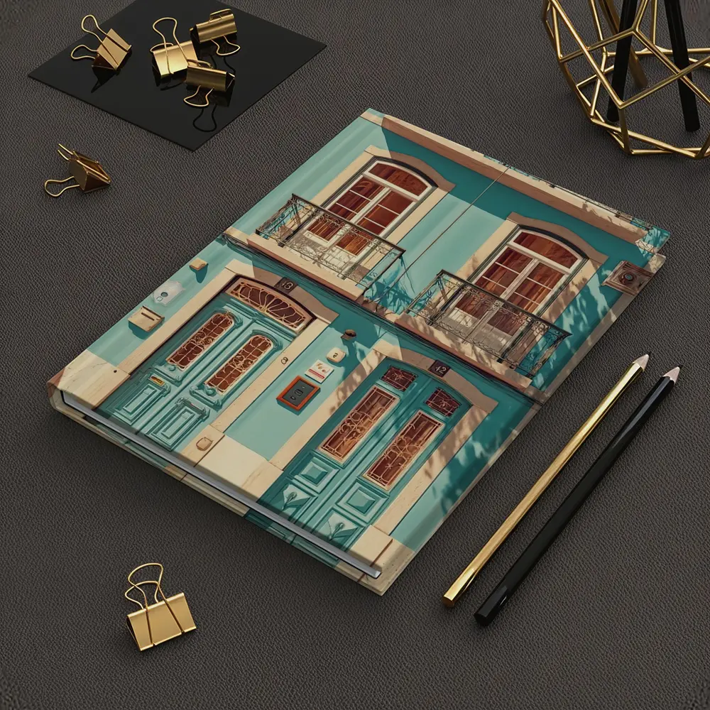 Teal Portuguese Building Facade Sunny Street – Notebooks