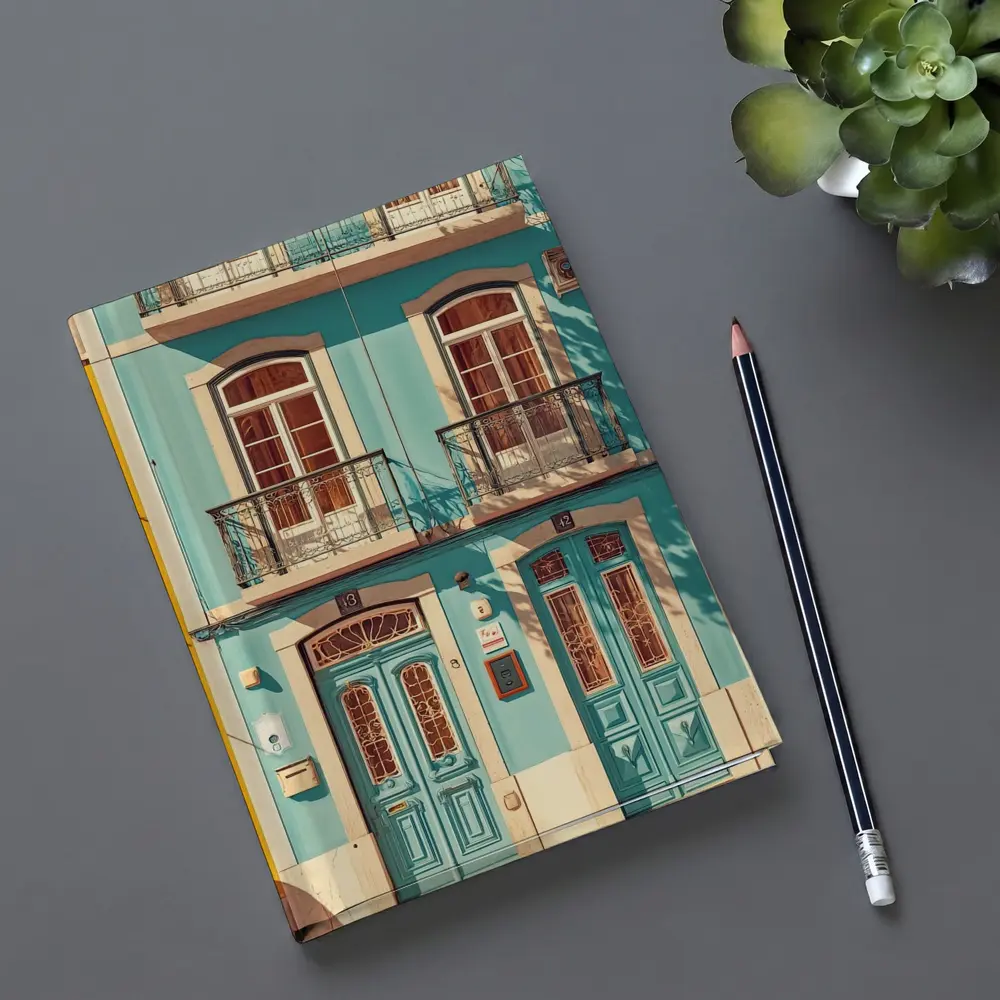 Teal Portuguese Building Facade Sunny Street – Notebooks
