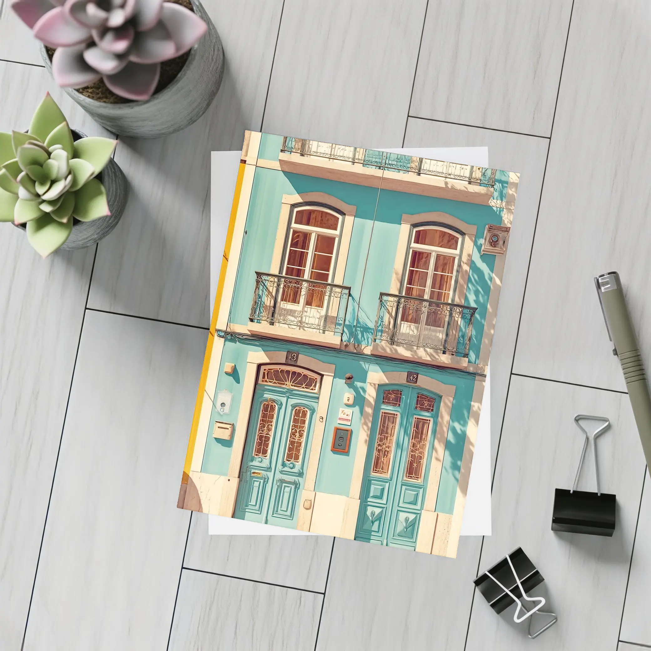 Teal Portuguese Building Facade Sunny Street – Postcards
