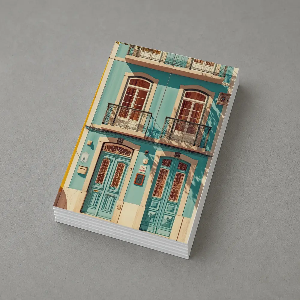 Teal Portuguese Building Facade Sunny Street – Postcards