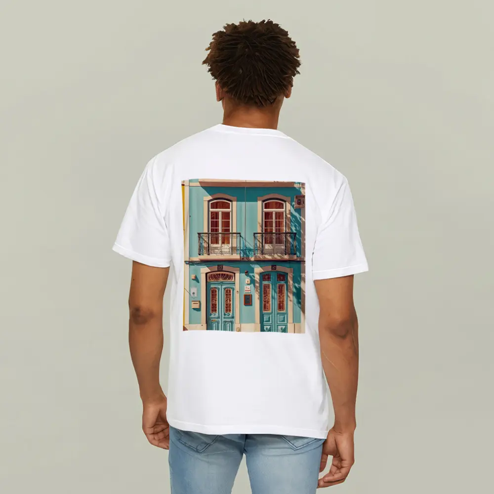 Teal Portuguese Building Facade Sunny Street – T-Shirts