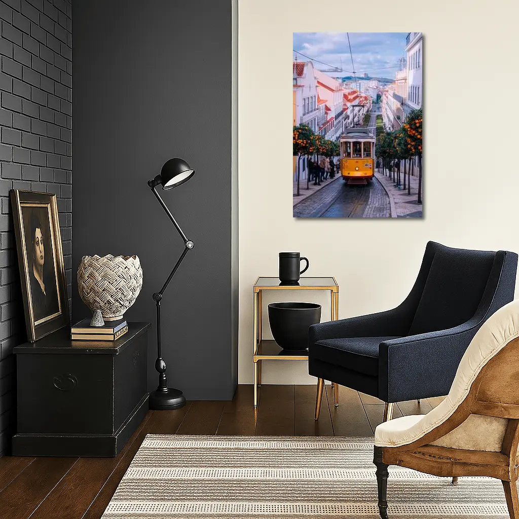 Yellow Tram Lisbon Street Orange Trees – Wall Art