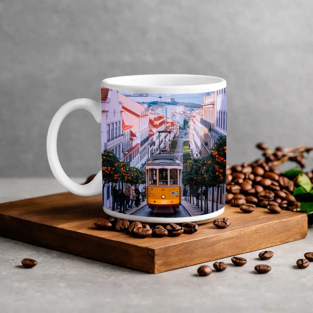 Yellow Tram Lisbon Street Orange Trees – Mugs