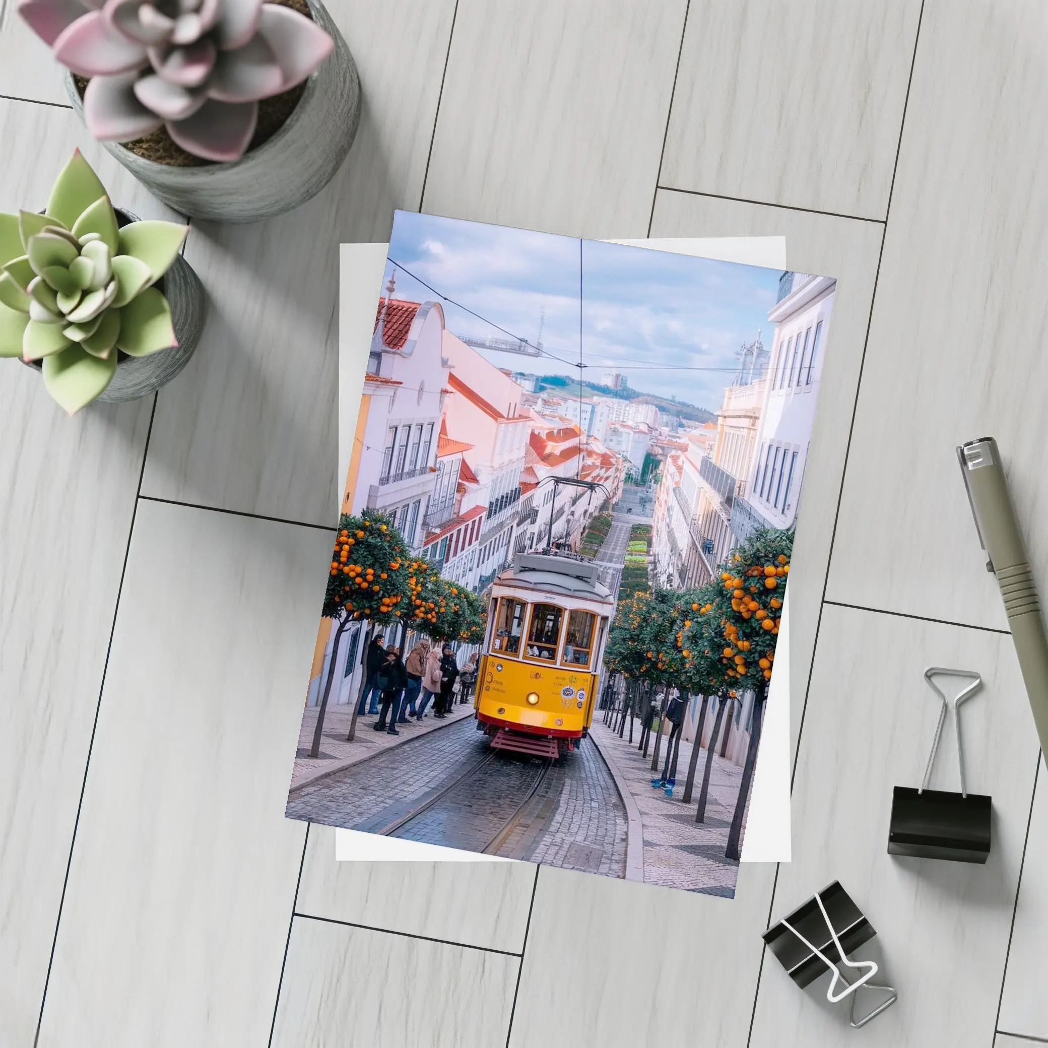 Yellow Tram Lisbon Street Orange Trees – Postcards