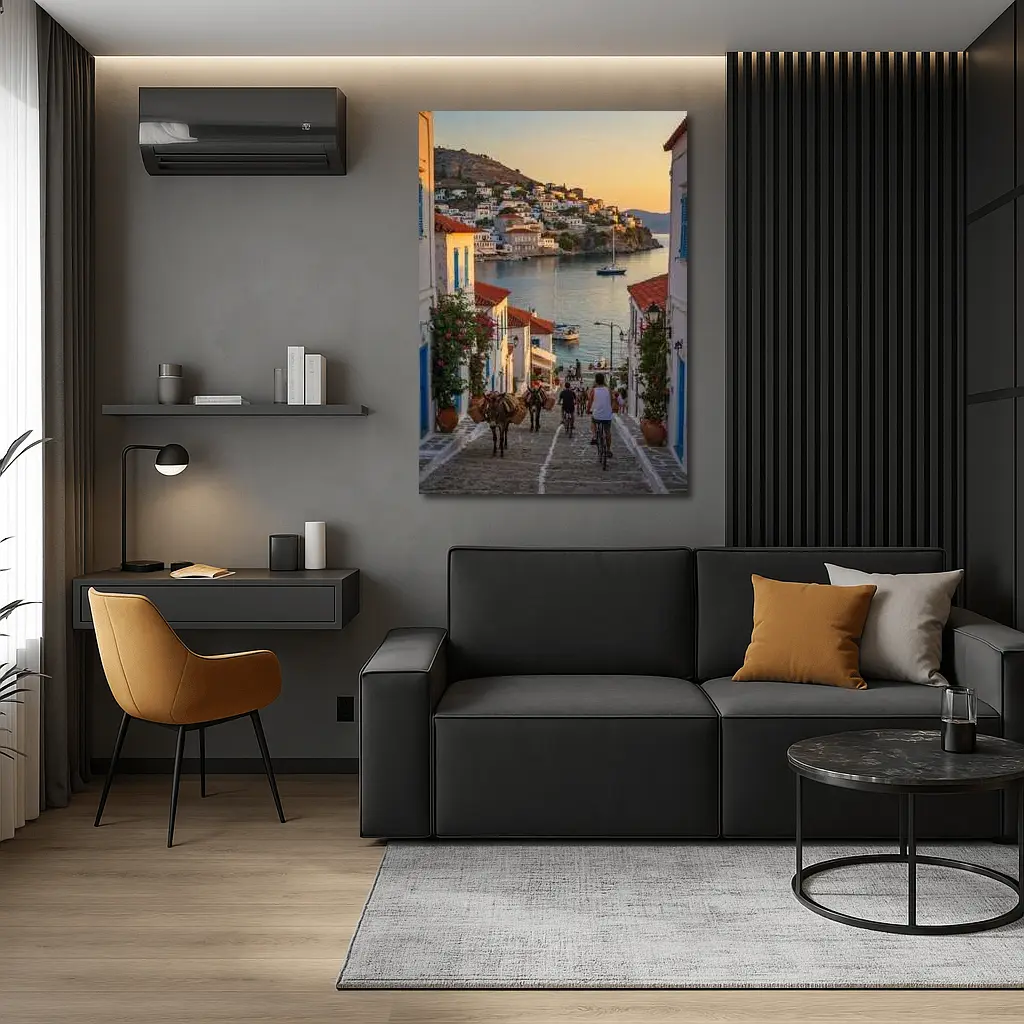 Greek Island Village Street At Sunset – Wall Art