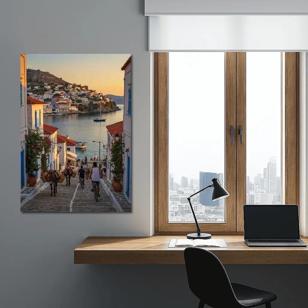 Greek Island Village Street At Sunset – Wall Art