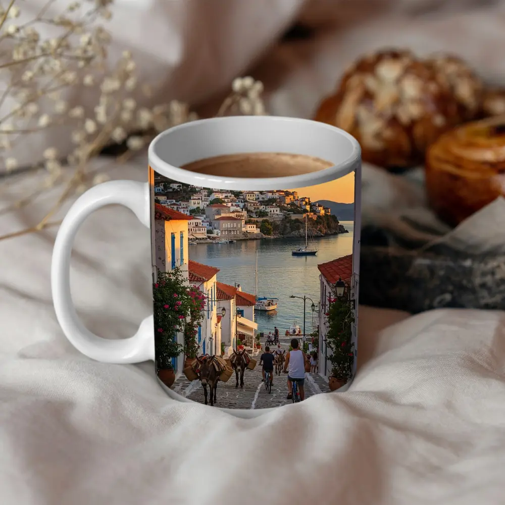 Greek Island Village Street At Sunset – Mugs