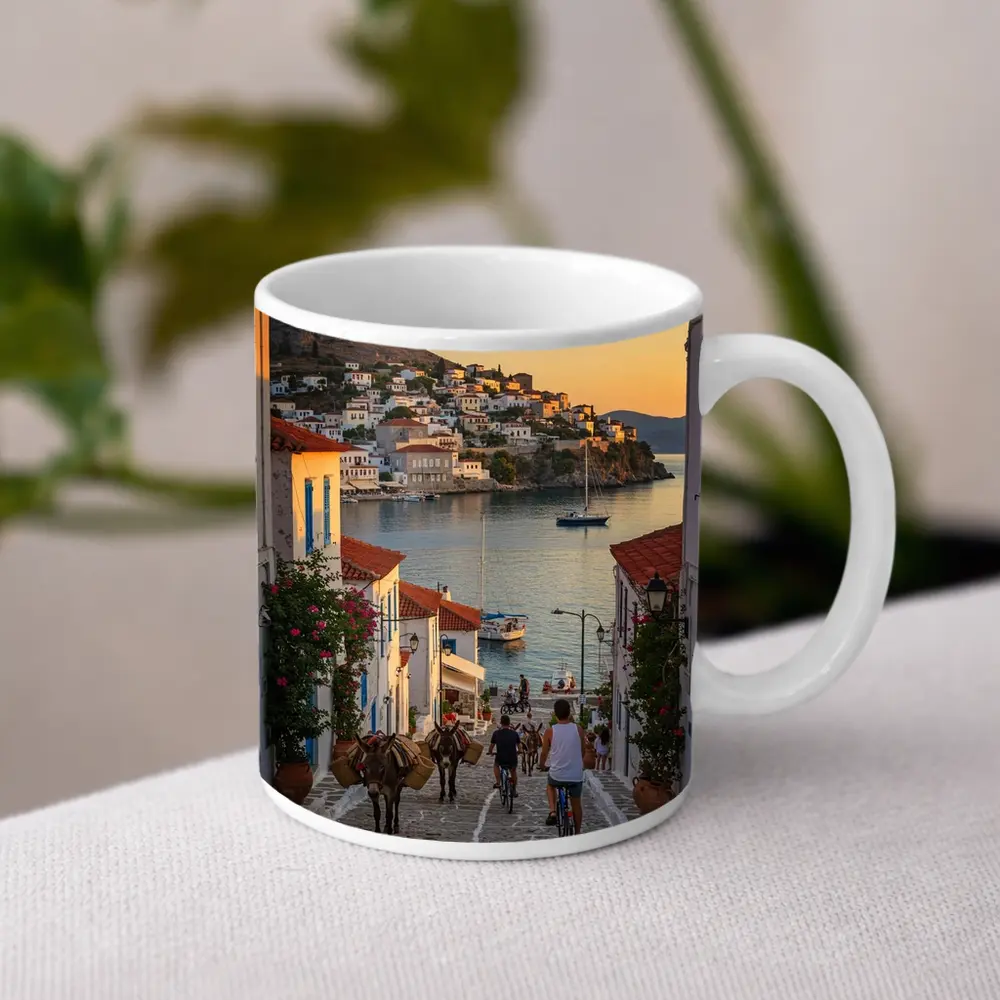 Greek Island Village Street At Sunset – Mugs