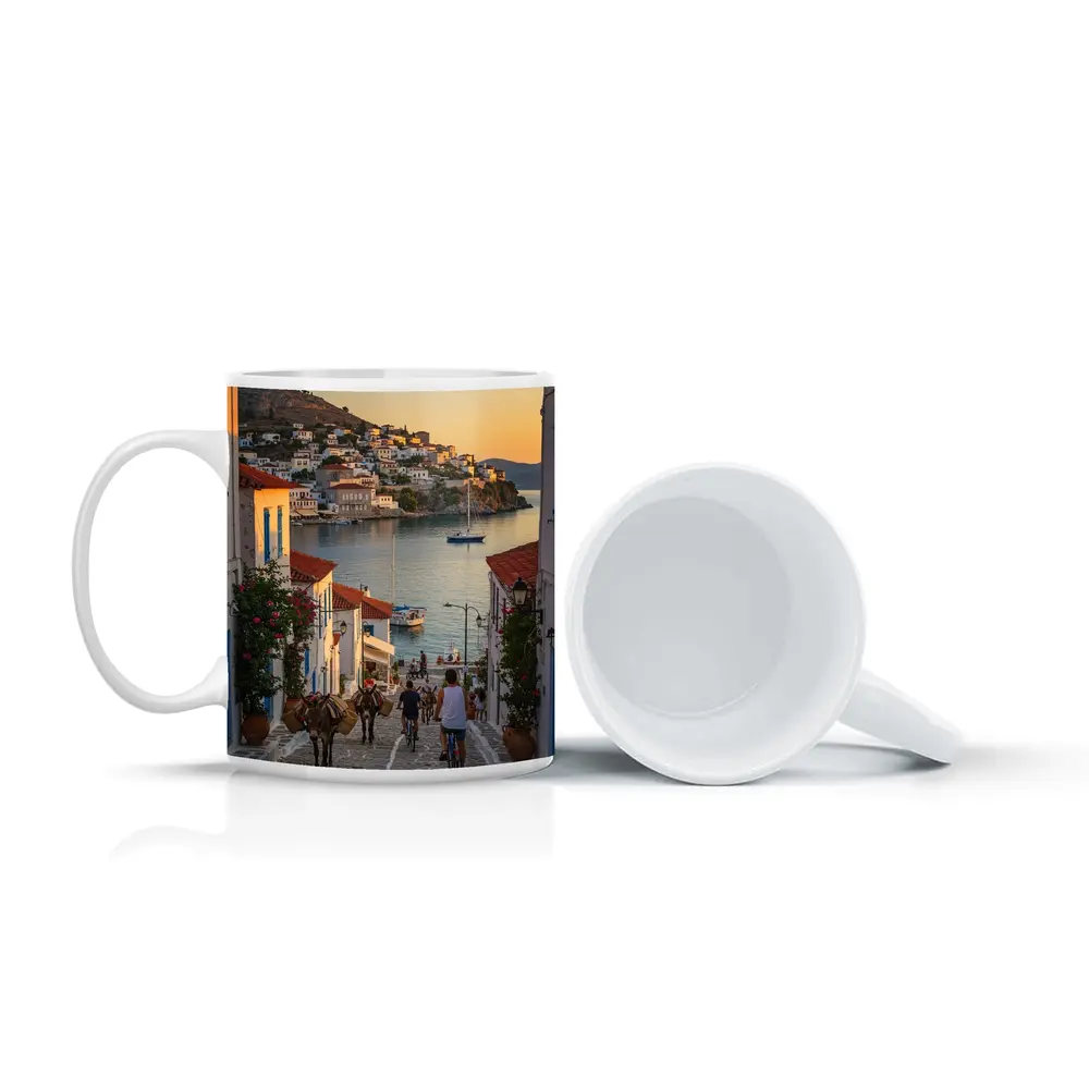Greek Island Village Street At Sunset – Mugs