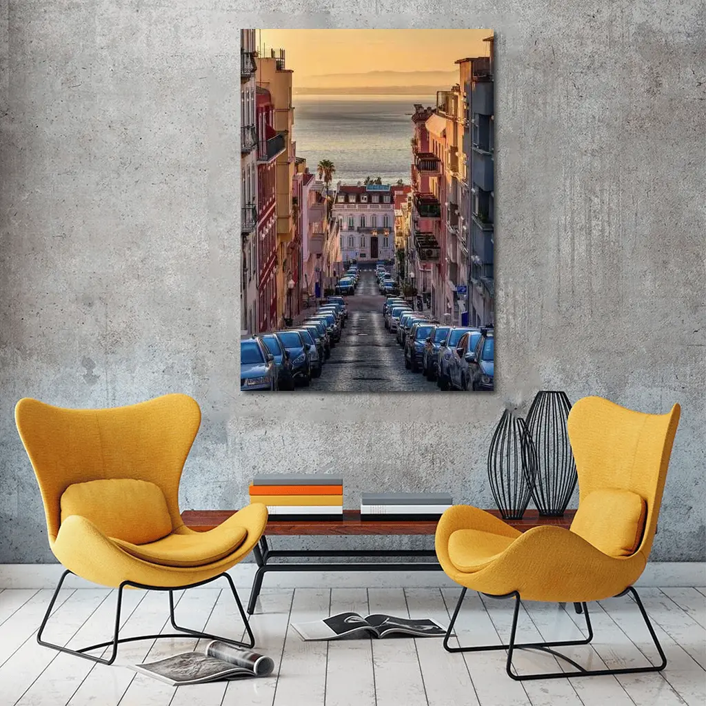 Lisbon Street Golden Hour Ocean View – Wall Art