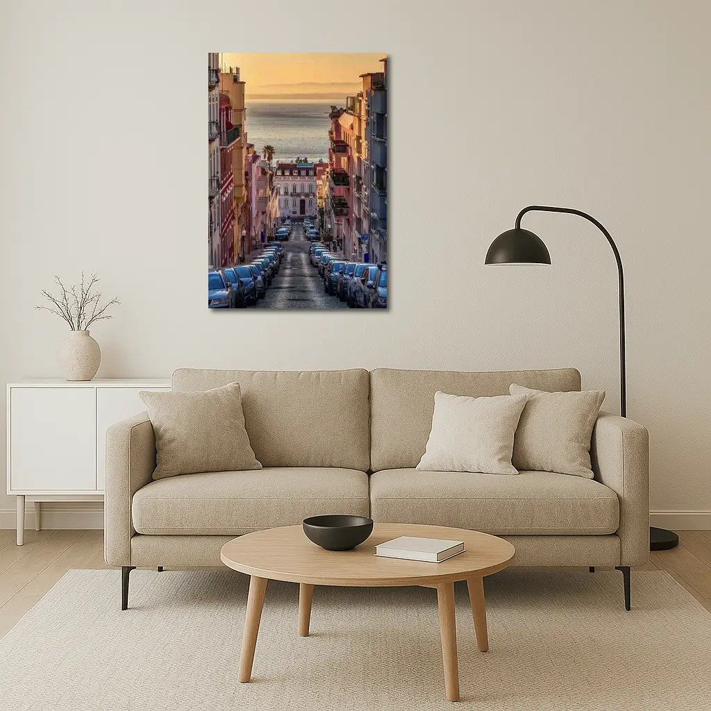 Lisbon Street Golden Hour Ocean View – Wall Art