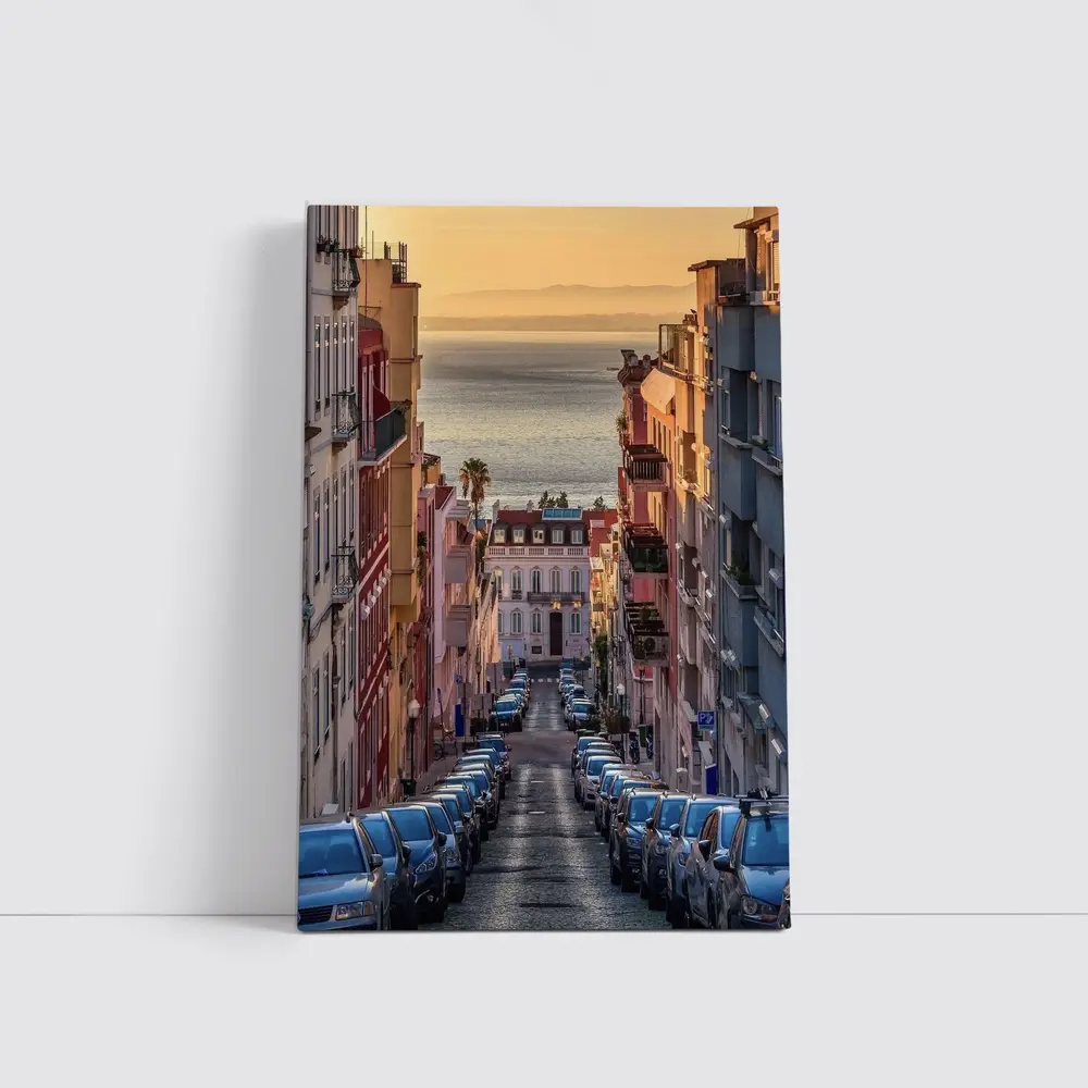 Lisbon Street Golden Hour Ocean View – Wall Art