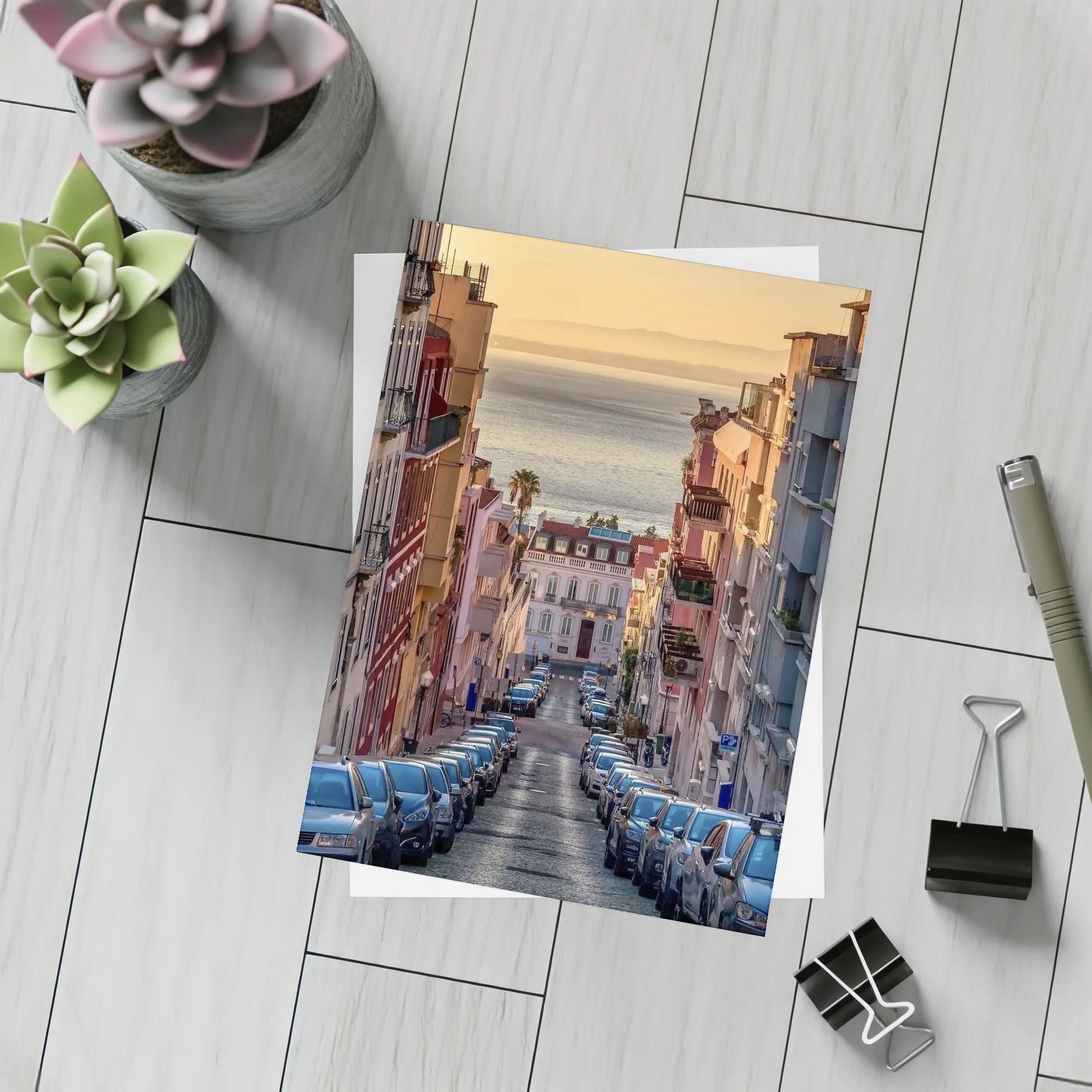 Lisbon Street Golden Hour Ocean View – Postcards