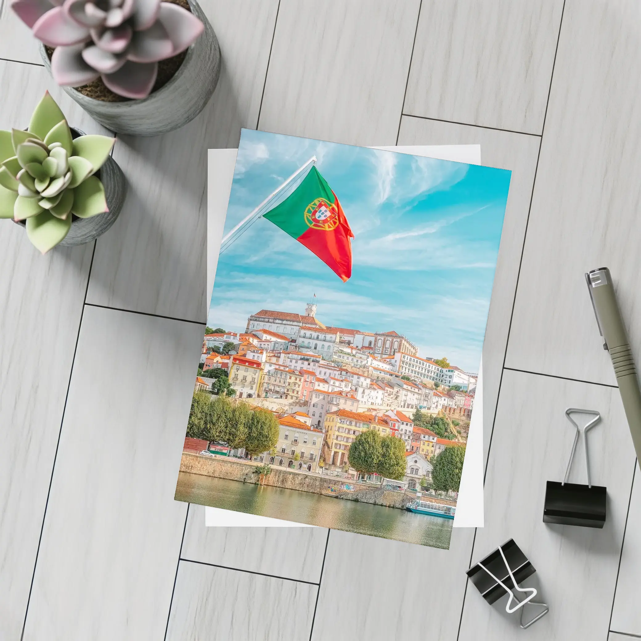 Portugal Flag Over Coimbra City Skyline – Postcards