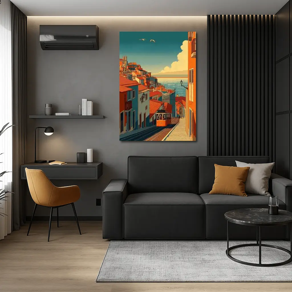 Lisbon Tram Hillside Street Retro Illustration – Wall Art
