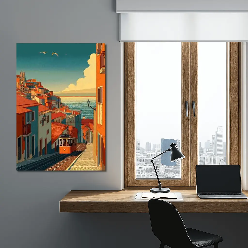 Lisbon Tram Hillside Street Retro Illustration – Wall Art
