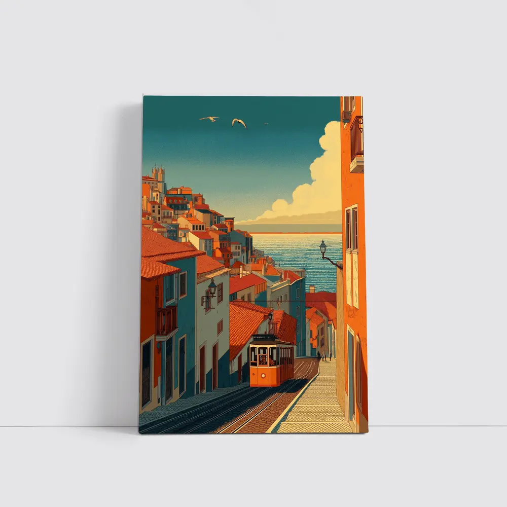 Lisbon Tram Hillside Street Retro Illustration – Wall Art
