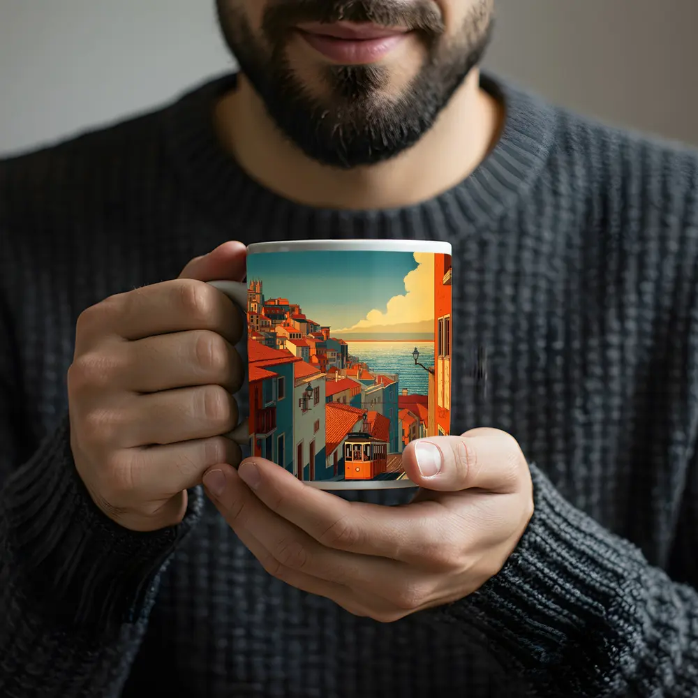 Lisbon Tram Hillside Street Retro Illustration – Mugs