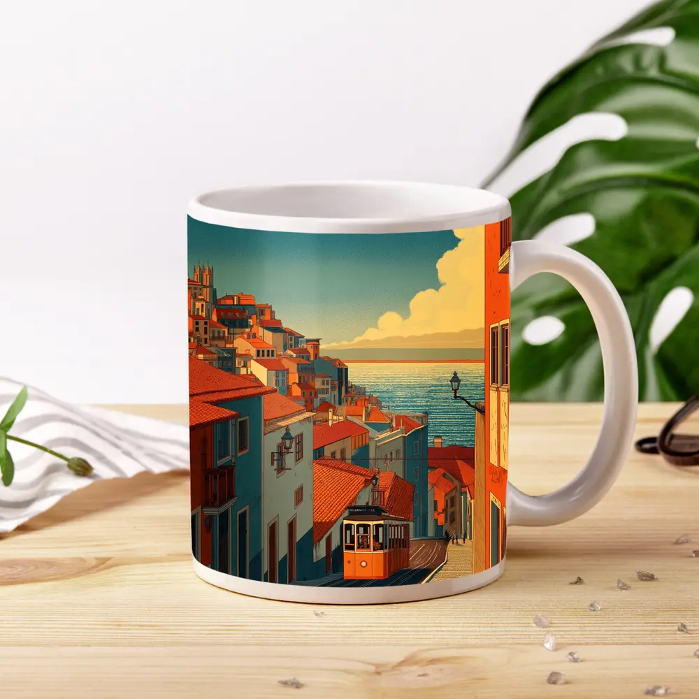 Lisbon Tram Hillside Street Retro Illustration – Mugs