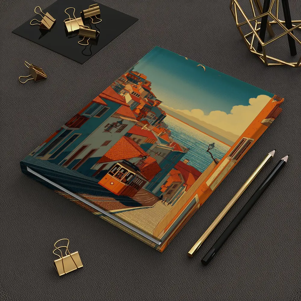 Lisbon Tram Hillside Street Retro Illustration – Notebooks