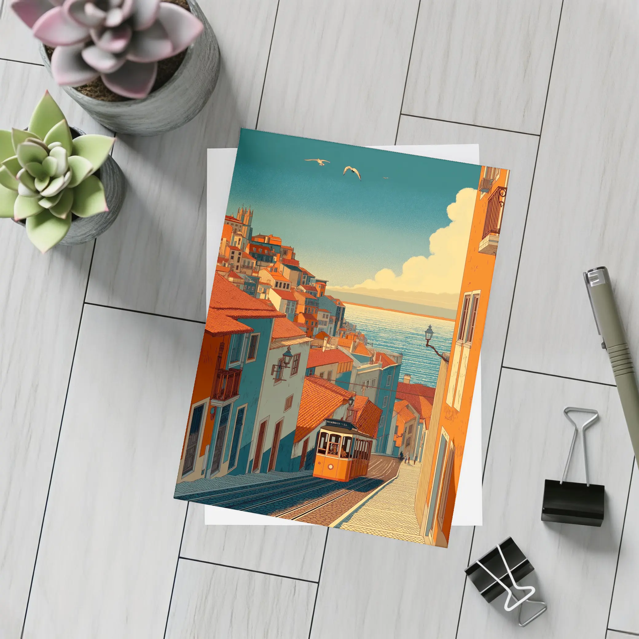 Lisbon Tram Hillside Street Retro Illustration – Postcards