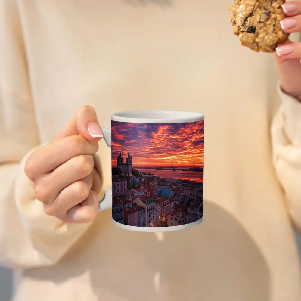 Lisbon Portugal Skyline Fiery Sunset Sky – Mugs