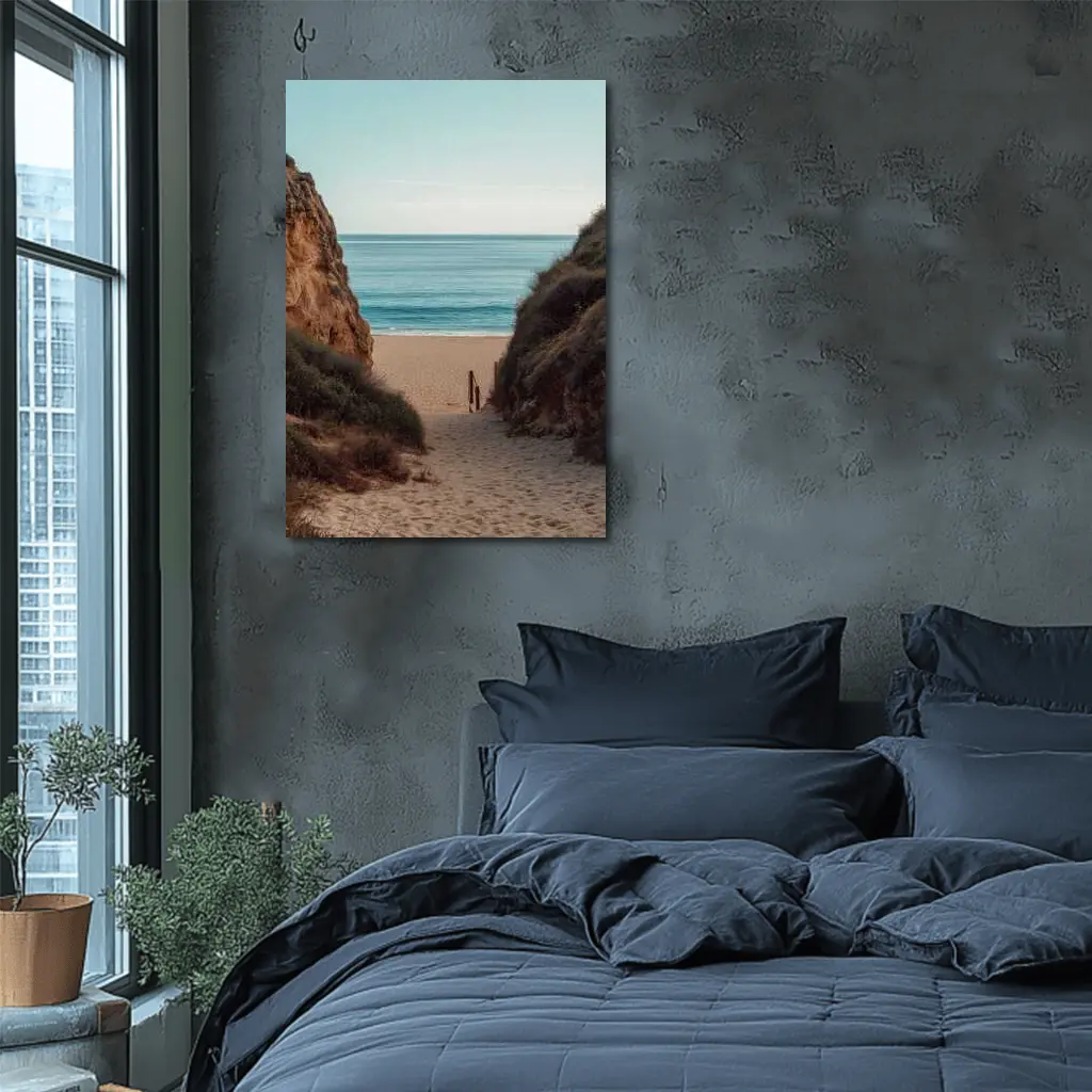 Sandy Beach Path Between Rocky Cliffs – Wall Art