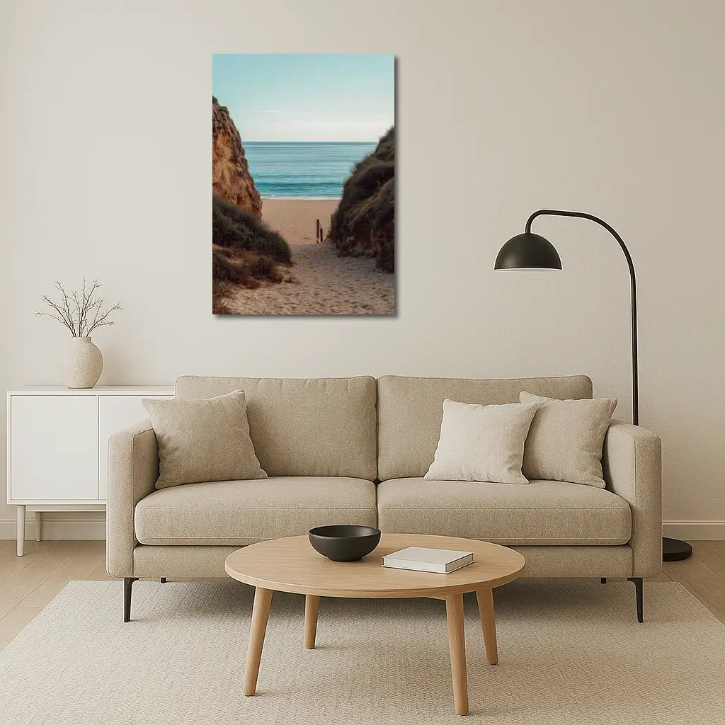 Sandy Beach Path Between Rocky Cliffs – Wall Art