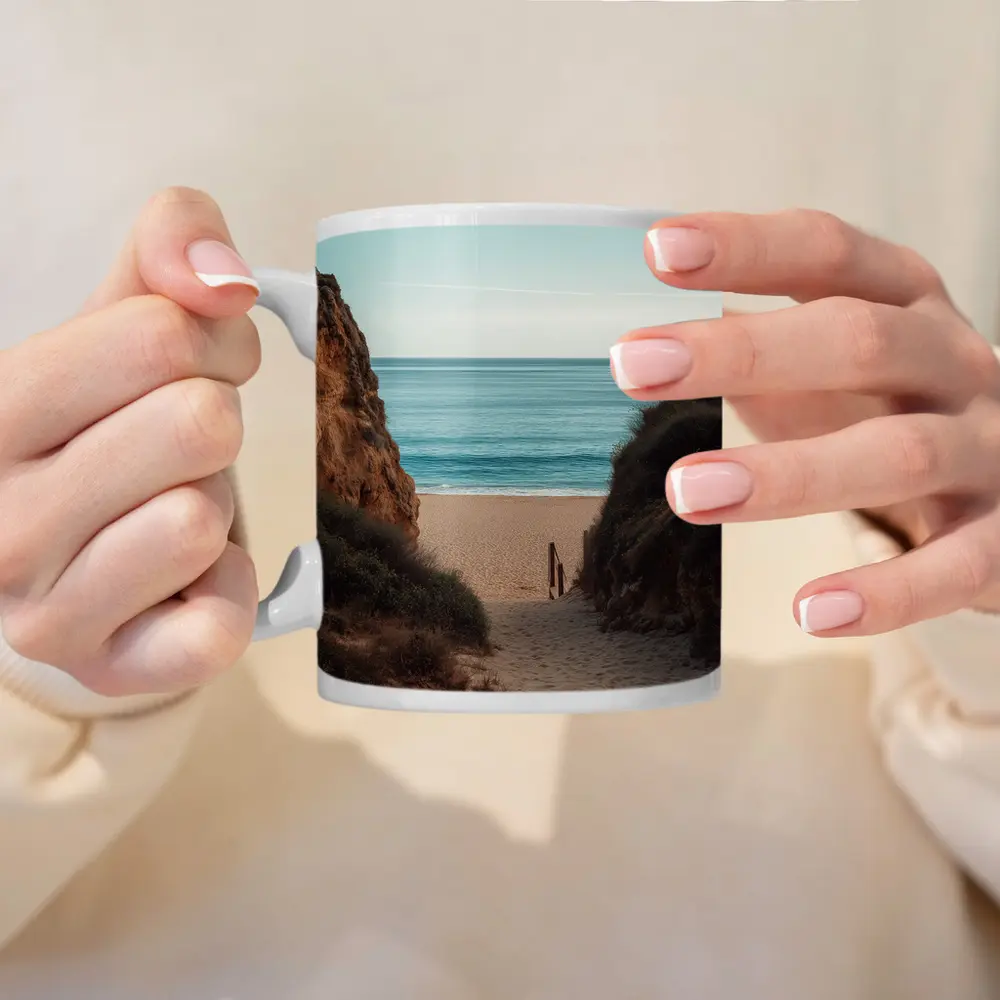 Sandy Beach Path Between Rocky Cliffs – Mugs