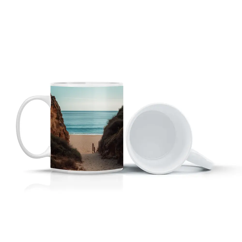 Sandy Beach Path Between Rocky Cliffs – Mugs