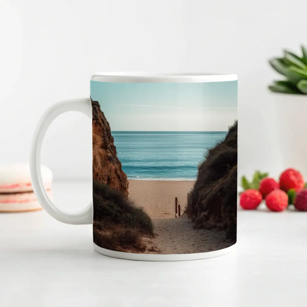 Sandy Beach Path Between Rocky Cliffs – Mugs