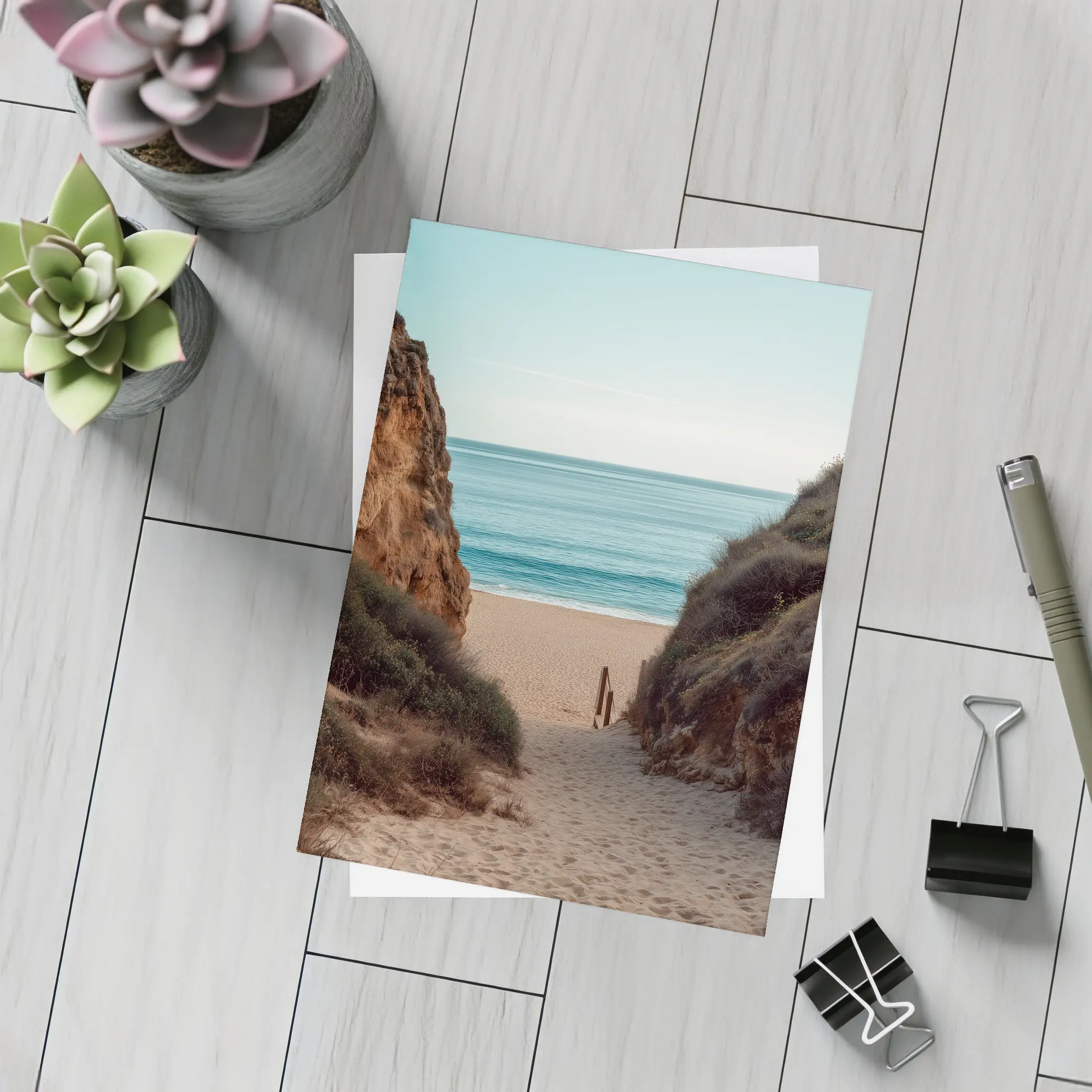 Sandy Beach Path Between Rocky Cliffs – Postcards