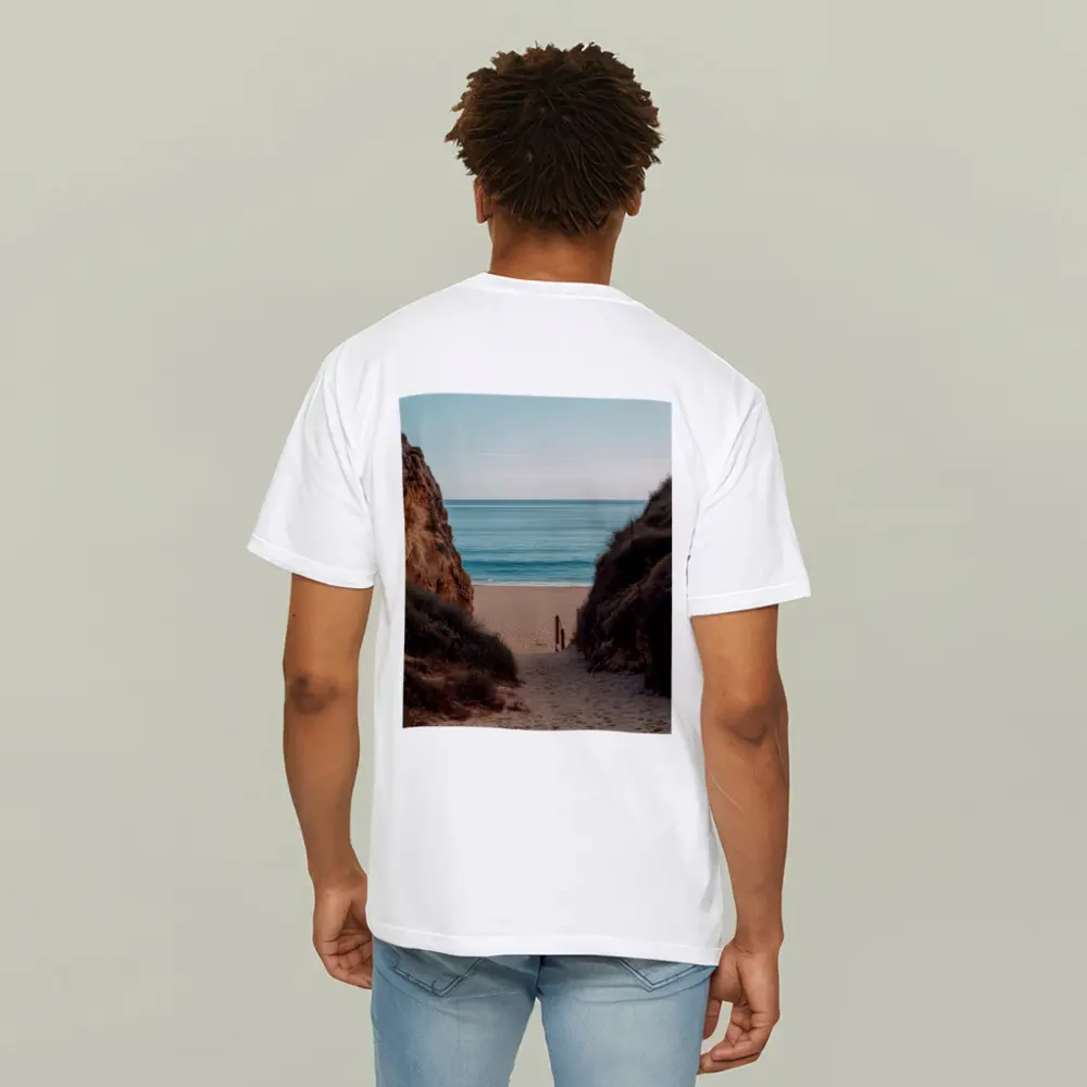 Sandy Beach Path Between Rocky Cliffs – T-Shirts