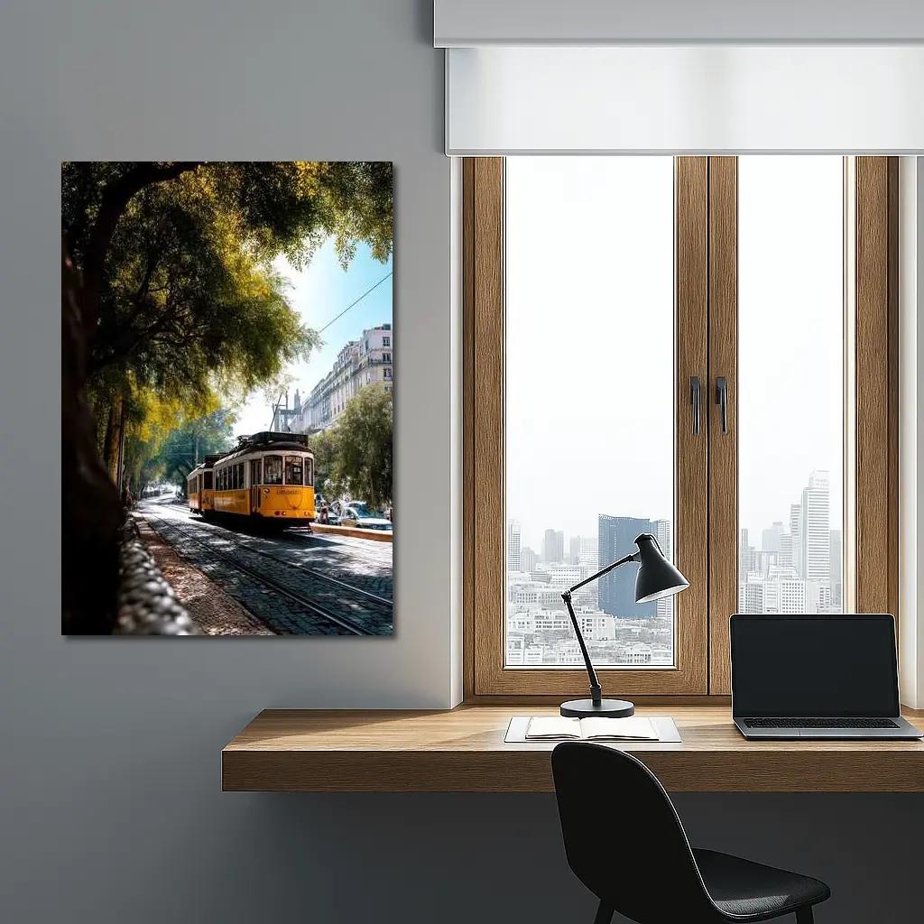 Yellow Tram on Lisbon Cobblestone Tree Street – Wall Art